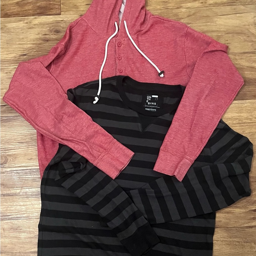 On The Byas Red Hooded Henley & On The Byas Black/Gray Striped Long Sleeve Tee